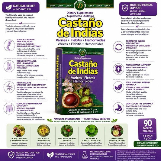 DINA Castaño de Indias Supplement for Varices Flebitis Hemorrhoids 90 Capsules