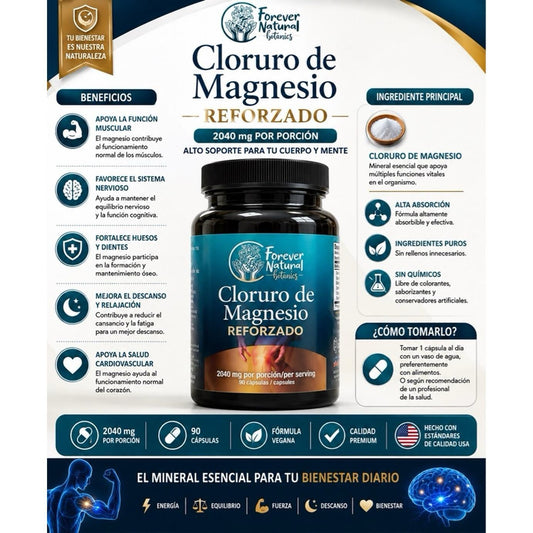 Forever Natural Botanics Cloruro de Magnesio Reforzado 2040 mg per Serving 90 Capsules for Enhanced Magnesium Support