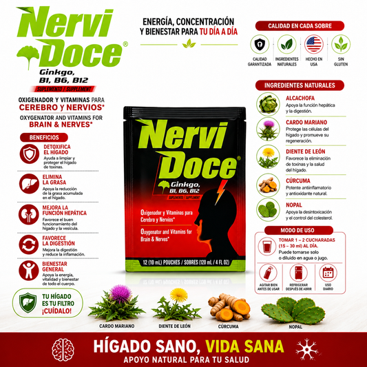Nervidoce Reforzado LiquidnDietary Supplement with Ginkgo, Multi-Vitamins (12 Pouches, 10mL Each)