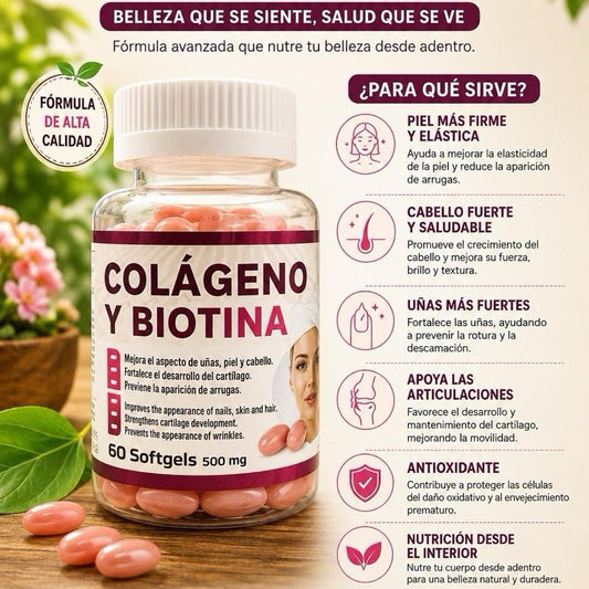 Collagen & Biotin- Colageno y Biotina | Dietary Supplement, 500mg, 60 Softgels
