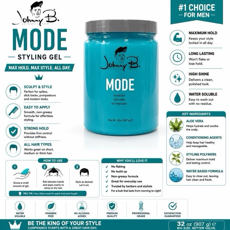 Johnny B Mode Styling Gel - Long-Lasting Wear, No Flaking, (32oz)
