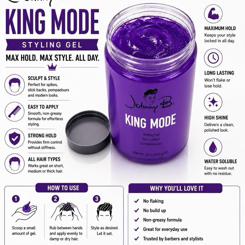 Johnny B King Mode Styling Gel - Long-Lasting Wear, No Flaking, Masculine Suede & Citrus Scent (32oz)