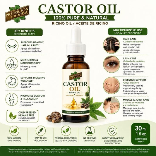 Nutricion+Vida Castor Oil 30ml - 100% Pure Natural Ricino Oil for Health & Wellness