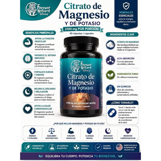 Forever Natural Citrate of Magnesium and Potassium 2100 mg per Serving 90 Capsules for Health Support