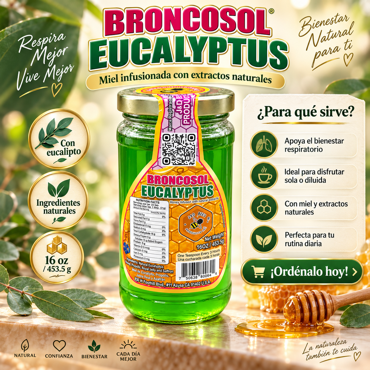 Broncosol Eucalyptus – Miel infusionada con extractos naturales, 16 oz