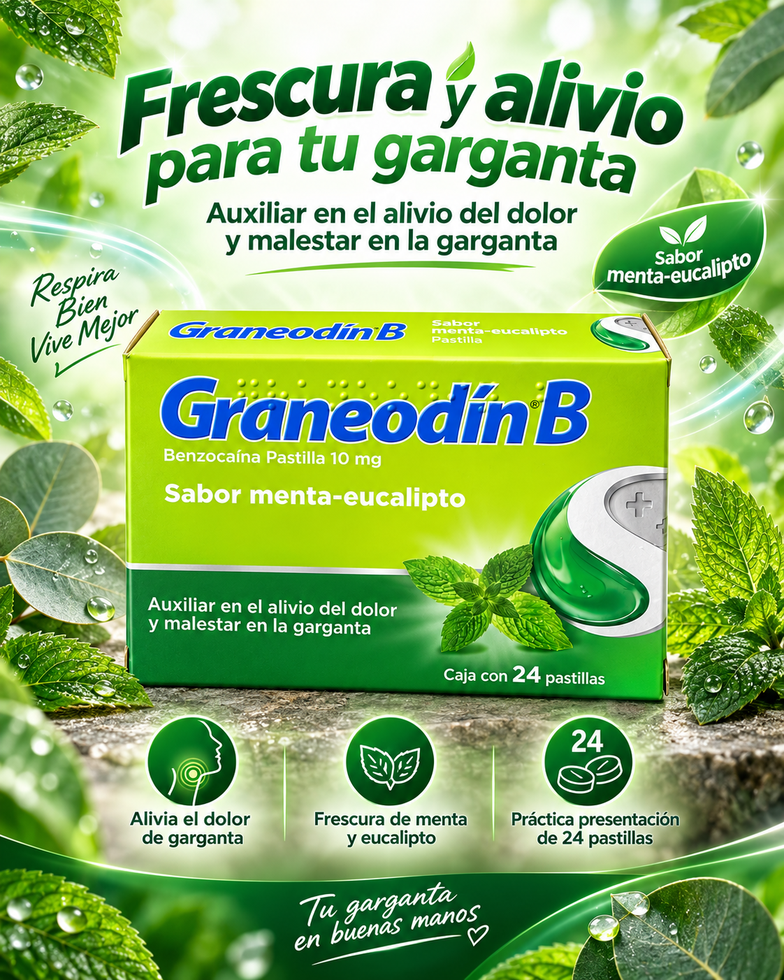 Graneodín B – Sabor Menta-Eucalipto | Caja con 24 Pastillas