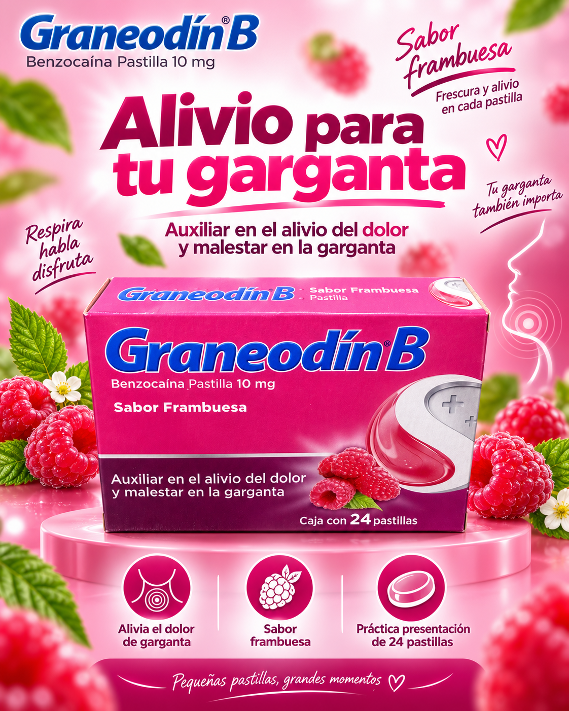 Graneodín B Sabor Frambuesa – 24 Pastillas | Alivio para la Garganta