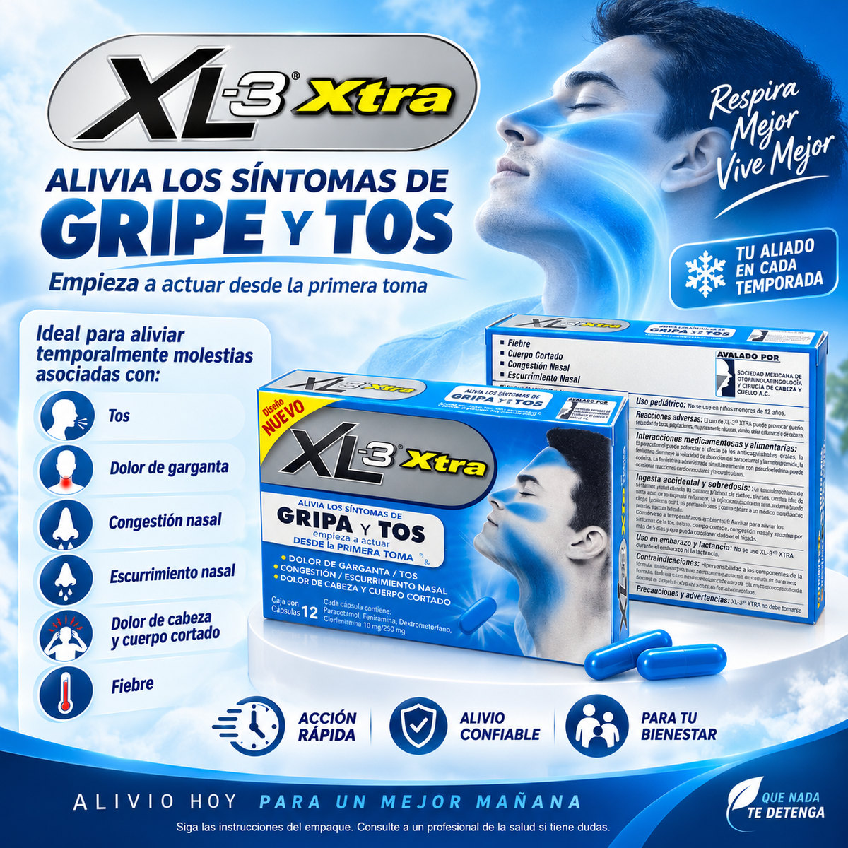 XL-3 Xtra – Alivio de los Síntomas de Gripa y Tos | 12 Cápsulas