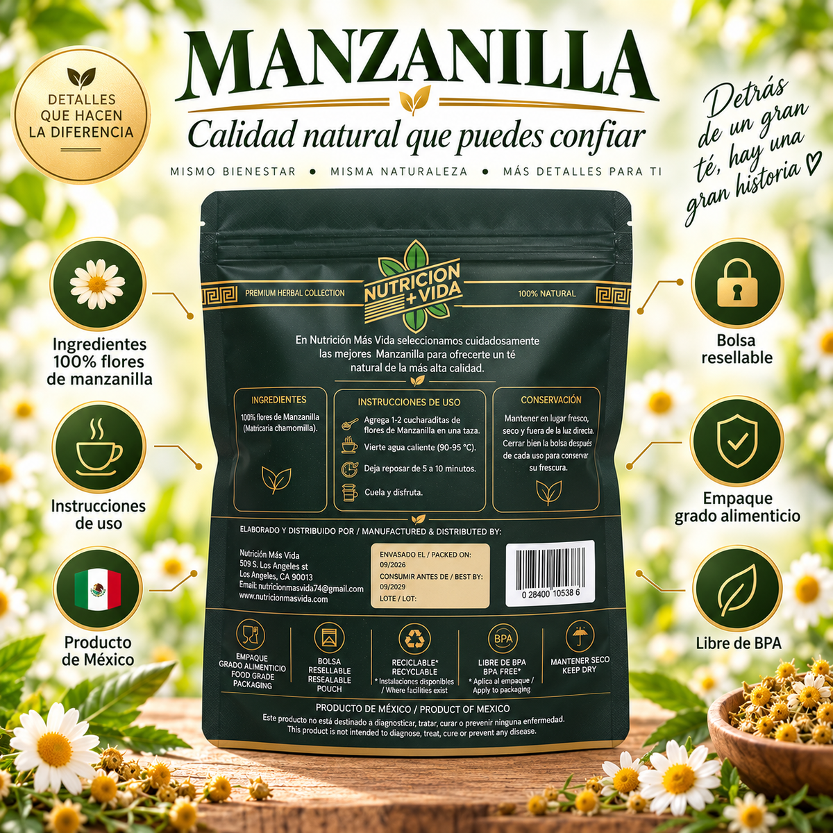 Té de Manzanilla 100% Natural – Nutrición Más Vida | 4 oz (113 g)