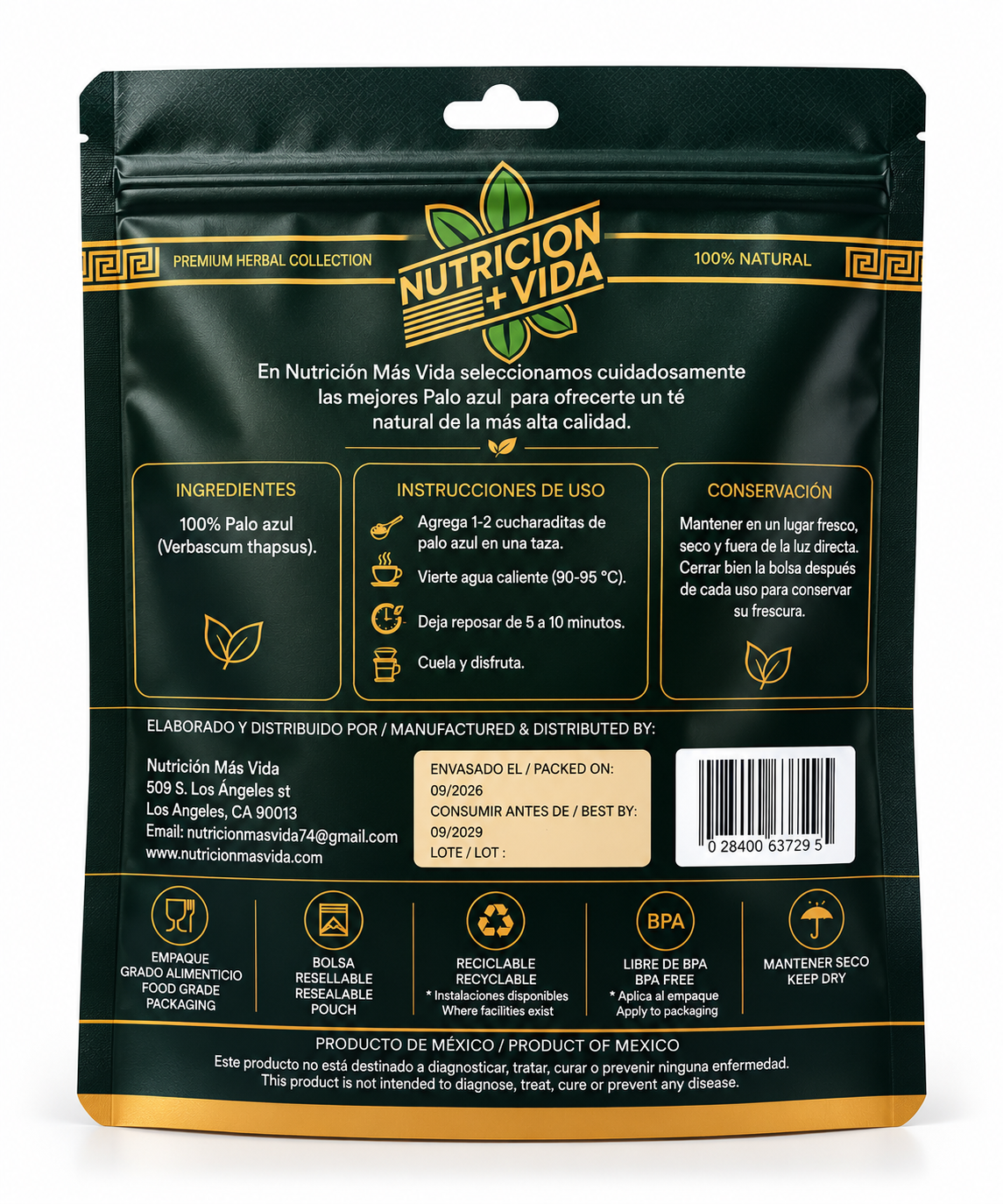 Palo Azul Natural – Té Herbal Premium | Nutrición Más Vida – 4 oz (113 g)