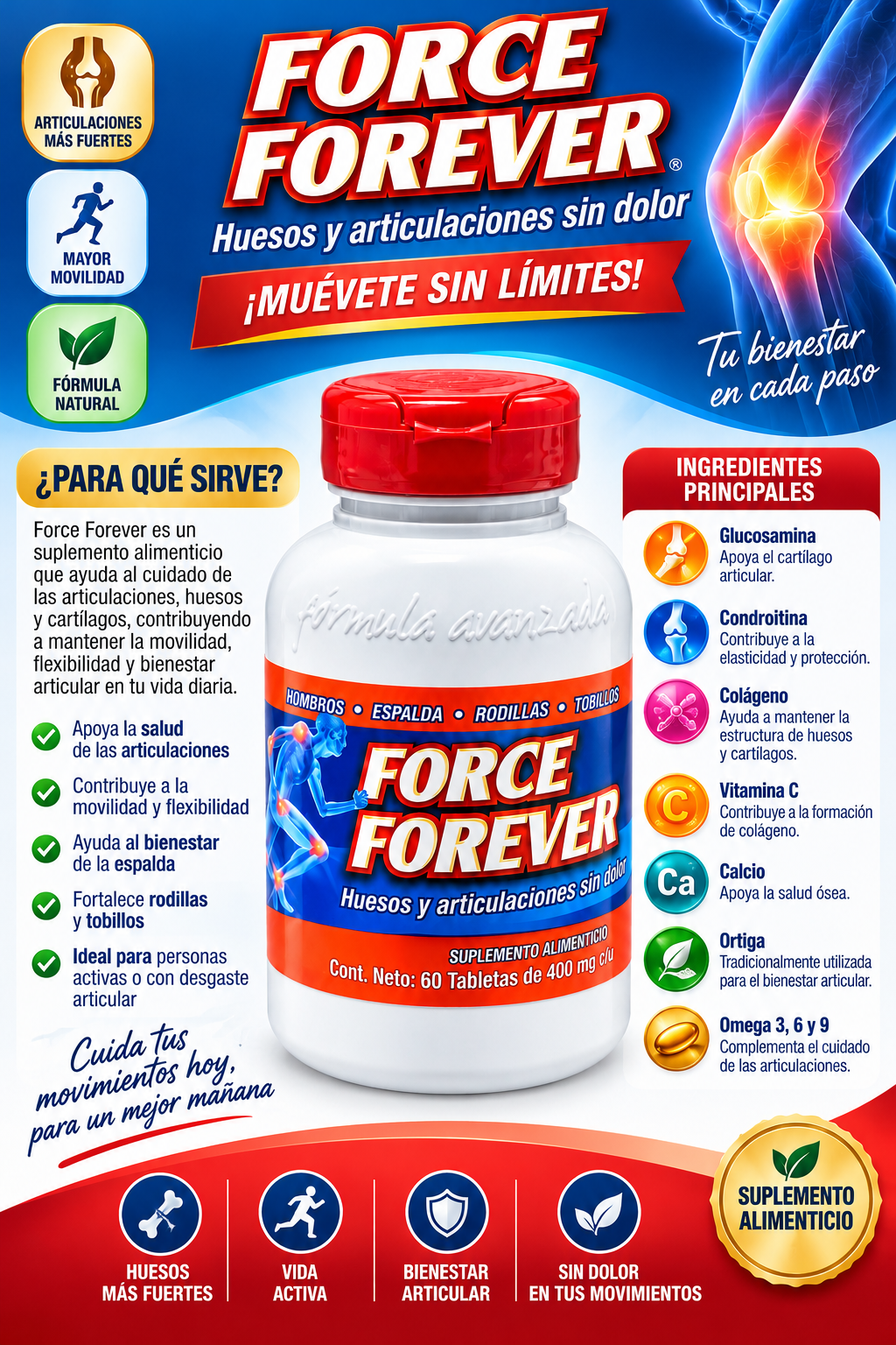 Force Forever – Suplemento Alimenticio para Huesos y Articulaciones | 60 Tabletas