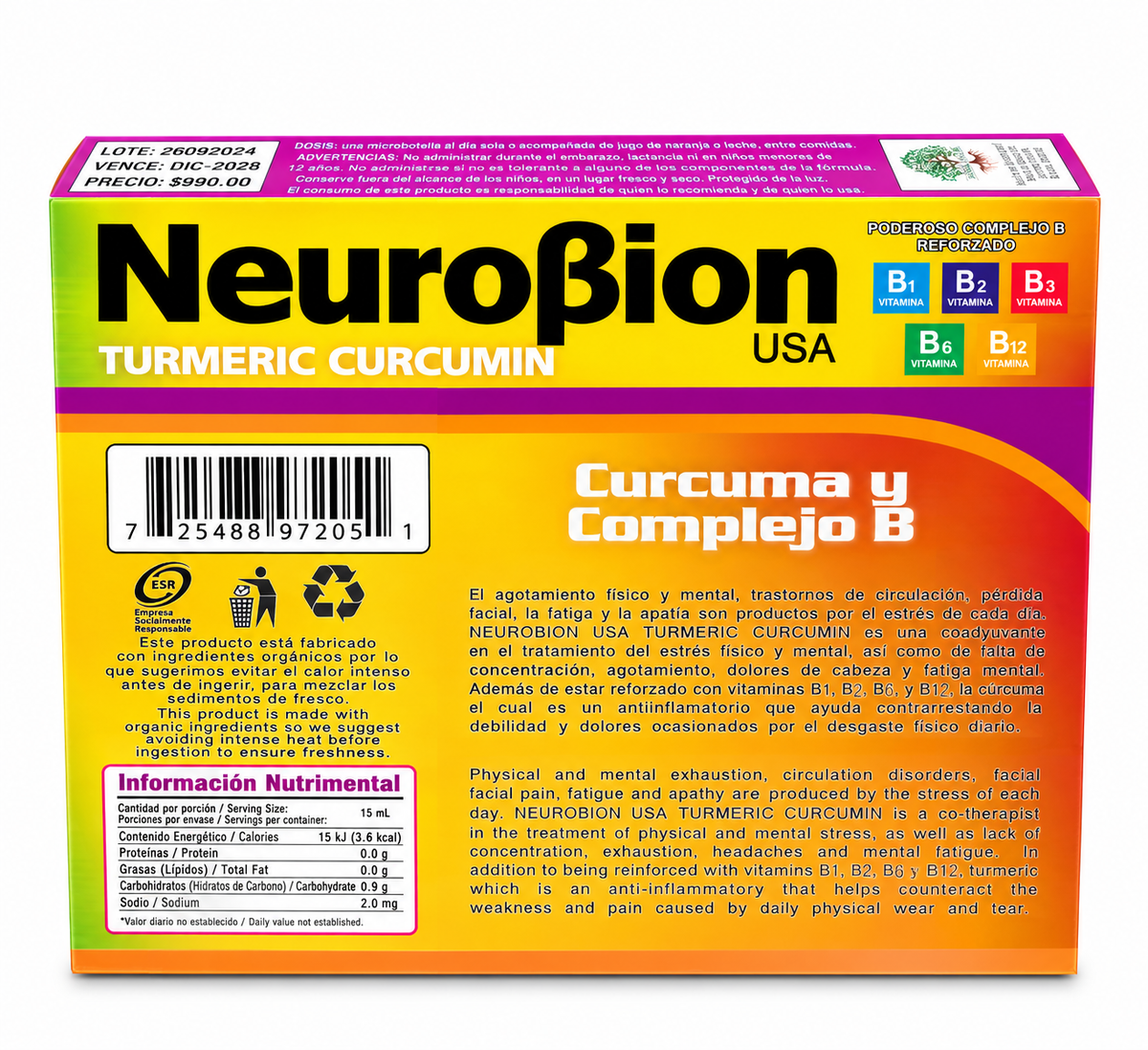 NeuroBion USA – Cúrcuma y Complejo B Reforzado | 10 Microbotellas de 15 ml