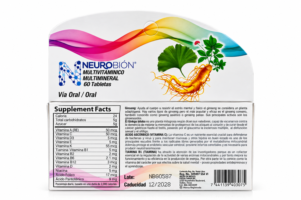 Neurobión Ginseng + Ginkgo Biloba – Multivitamínico y Multimineral | 60 Tabletas