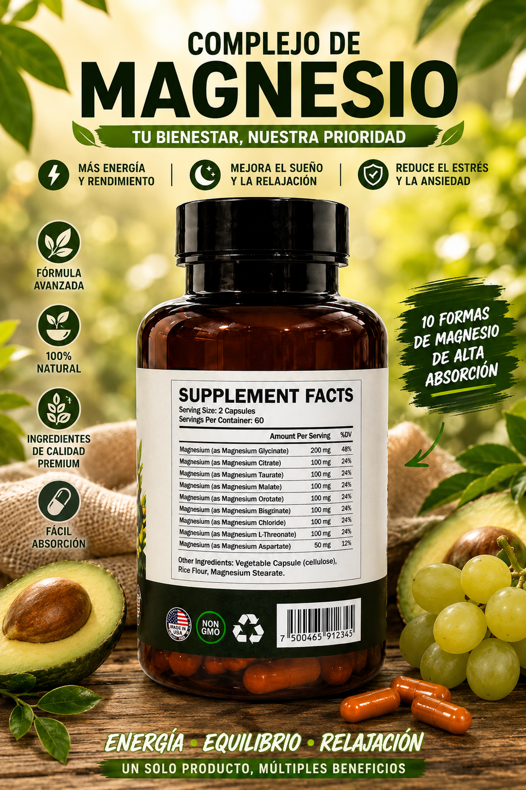 El Complejo de Magnesio 120 Capsules Nutrición Más Vida