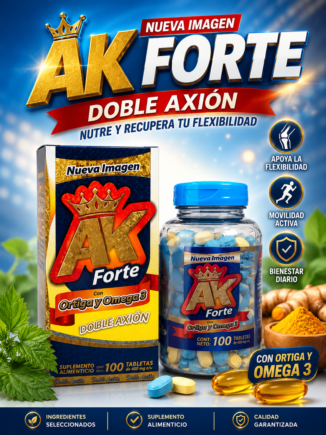 AK Forte Doble Acción con Ortiga y Omega 3 -100 Tabletas