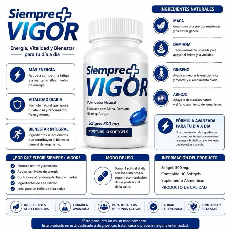 Siempre Vigor 500 mg Softgels with Maca Damiana Ginseng & Abrojo rojo 10 Count