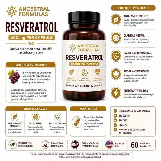 Ancestral Formulas Resveratrol 600 mg Per Capsule - 60 Capsules for Healthy Aging Mental Clarity & Heart Health