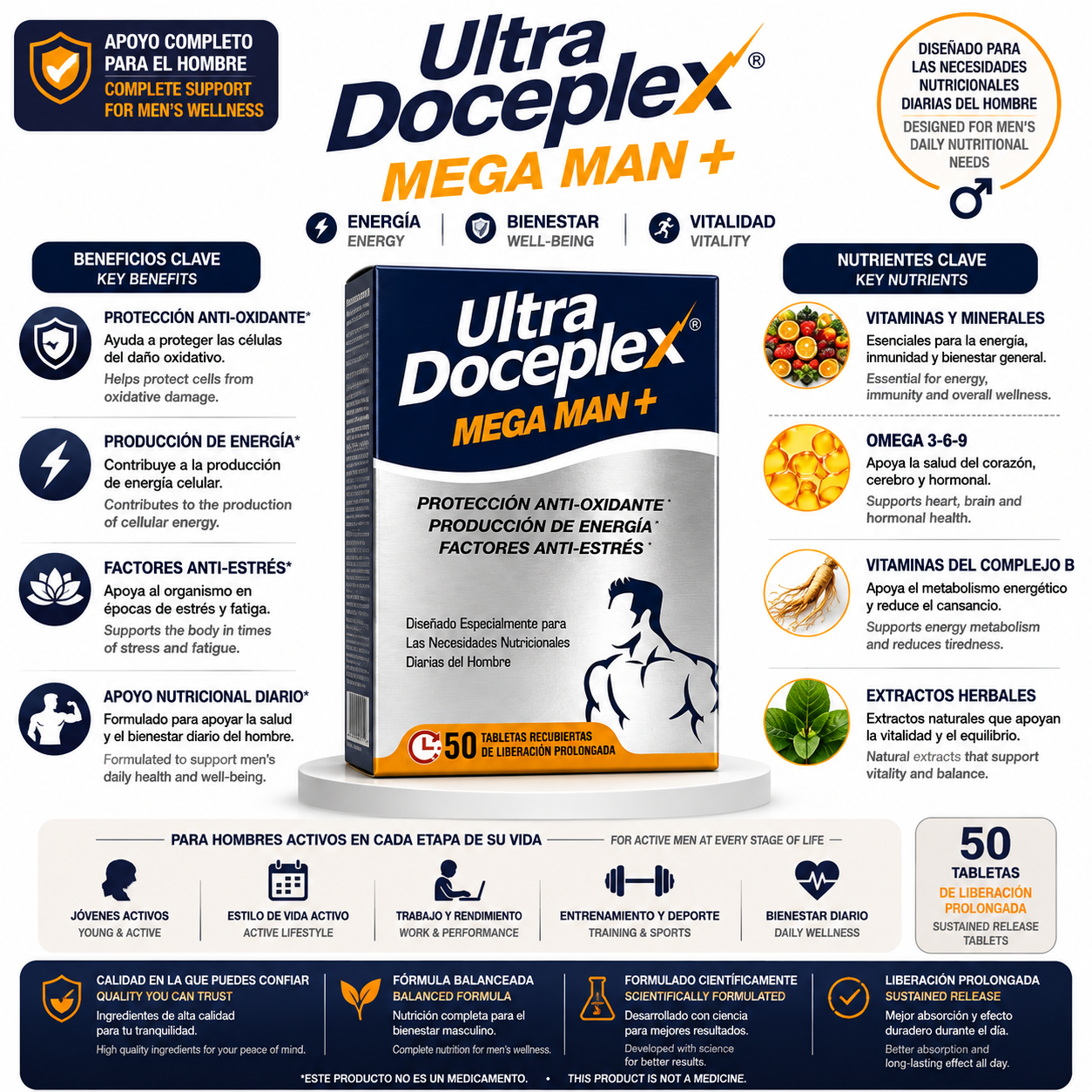 VIJOSA Ultra Doceplex Mega Man+ Dietary Supplement, Essential Support for Stress Relief (50 Tablets)