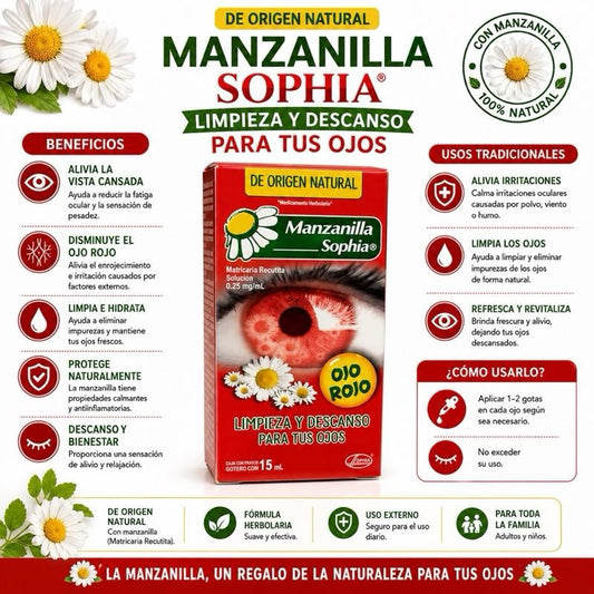 Manzanilla Sophia Ojo Rojo 15 mL - Natural Eye Care Solution for Red Eyes - Matricaria Recutita 0.25 mg/mL - Cleanse and Relax Your Eyes