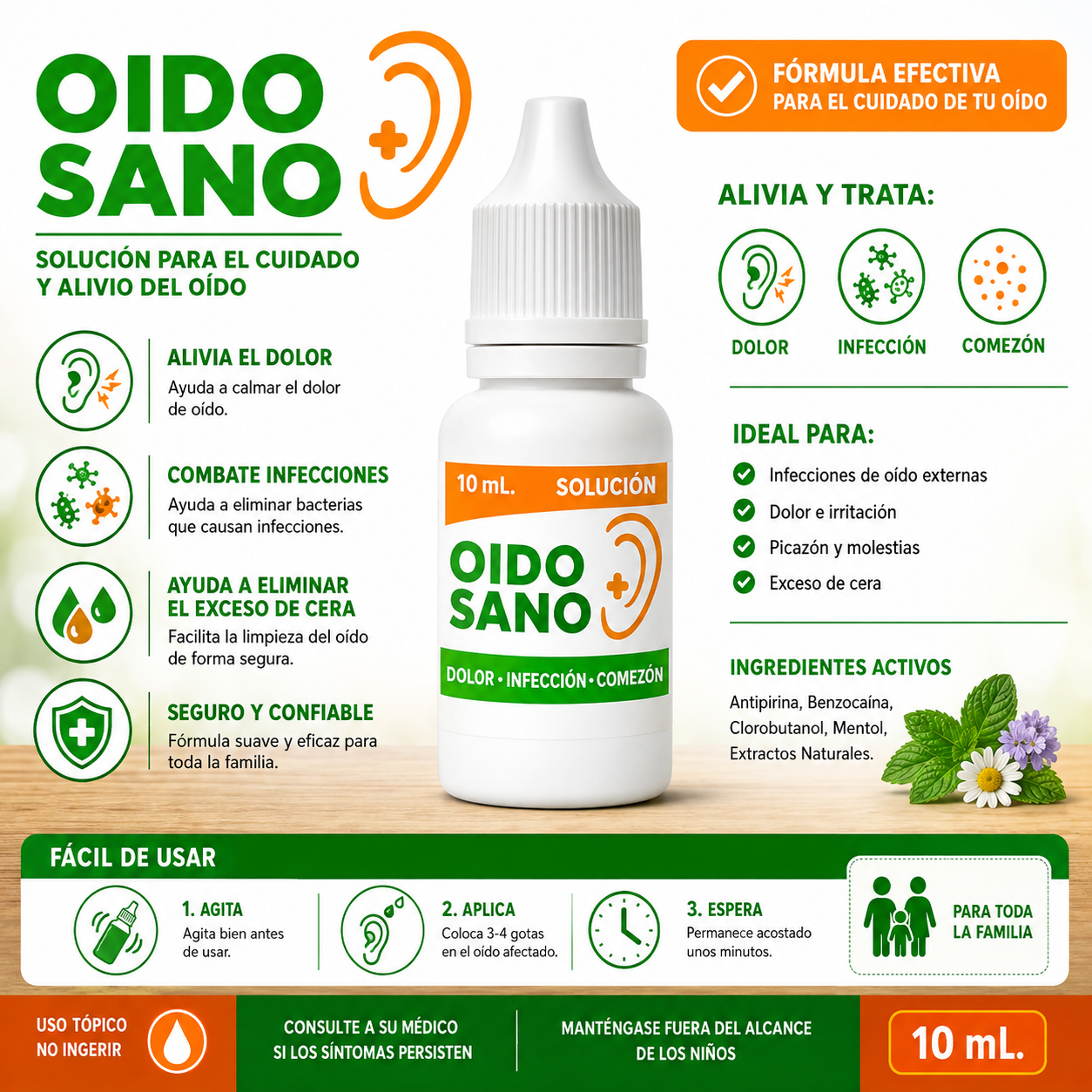 Ear Care Drops for Pain, Infection & Itching Relief - 10mL (Odio Sano Dolor, Infección, Comezón Solution)