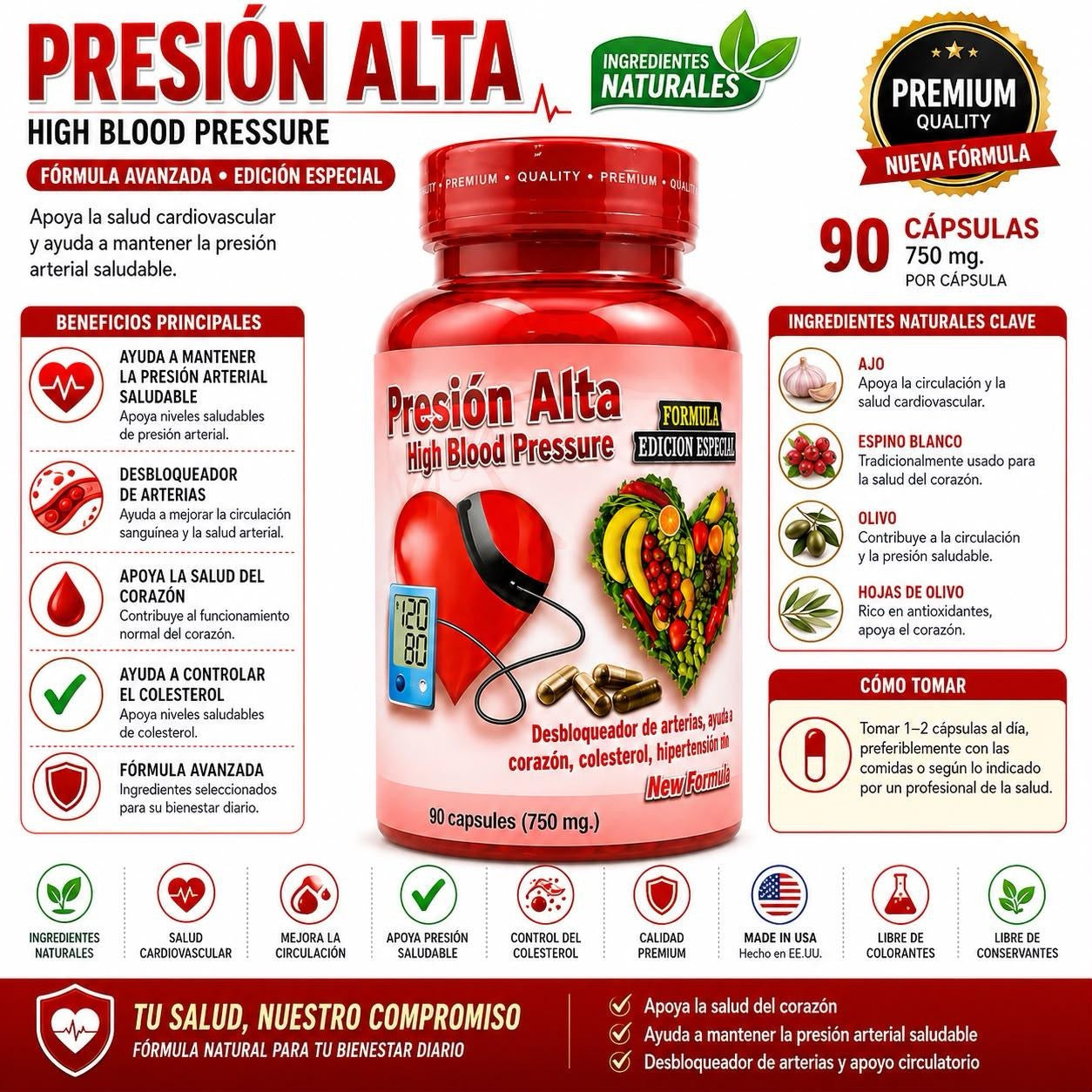 Presión Alta / High Blood Pressure Dietary Supplement 750mg 90 Capsules