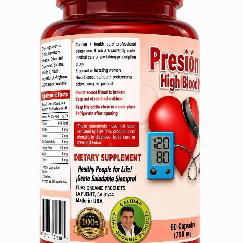 Presión Alta / High Blood Pressure Dietary Supplement 750mg 90 Capsules