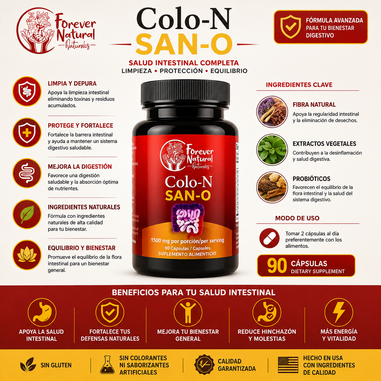 Forever Natural Colo-N San-O Natural Gut & Colon Detox Supplement - Digestive Health 90 Capsules