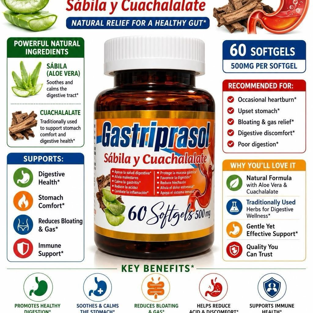 Gastriprasol Reforzado con Sábila y Cuachalalate 60 Softgels Herbal Capsules Gut Health Supplements Natural Healthcare