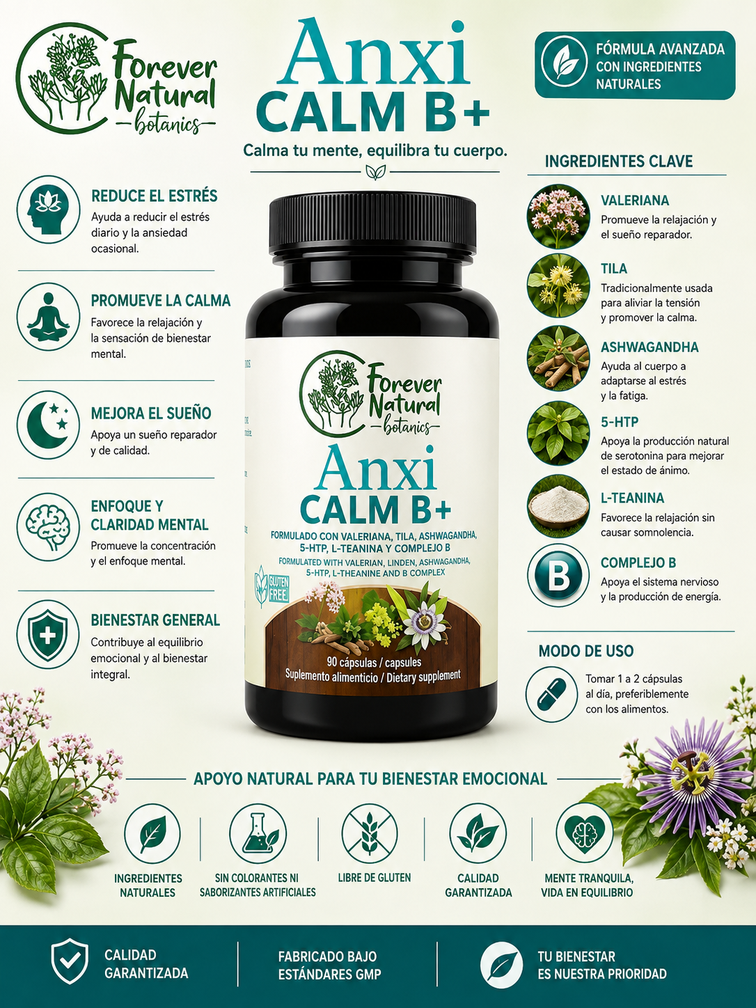Forever Natural Anxi Calm B+ Vitamin Healthcare Nutrition Supplement with Valerian Root, Ashwagandha, 90 Vegan Capsules Dietary