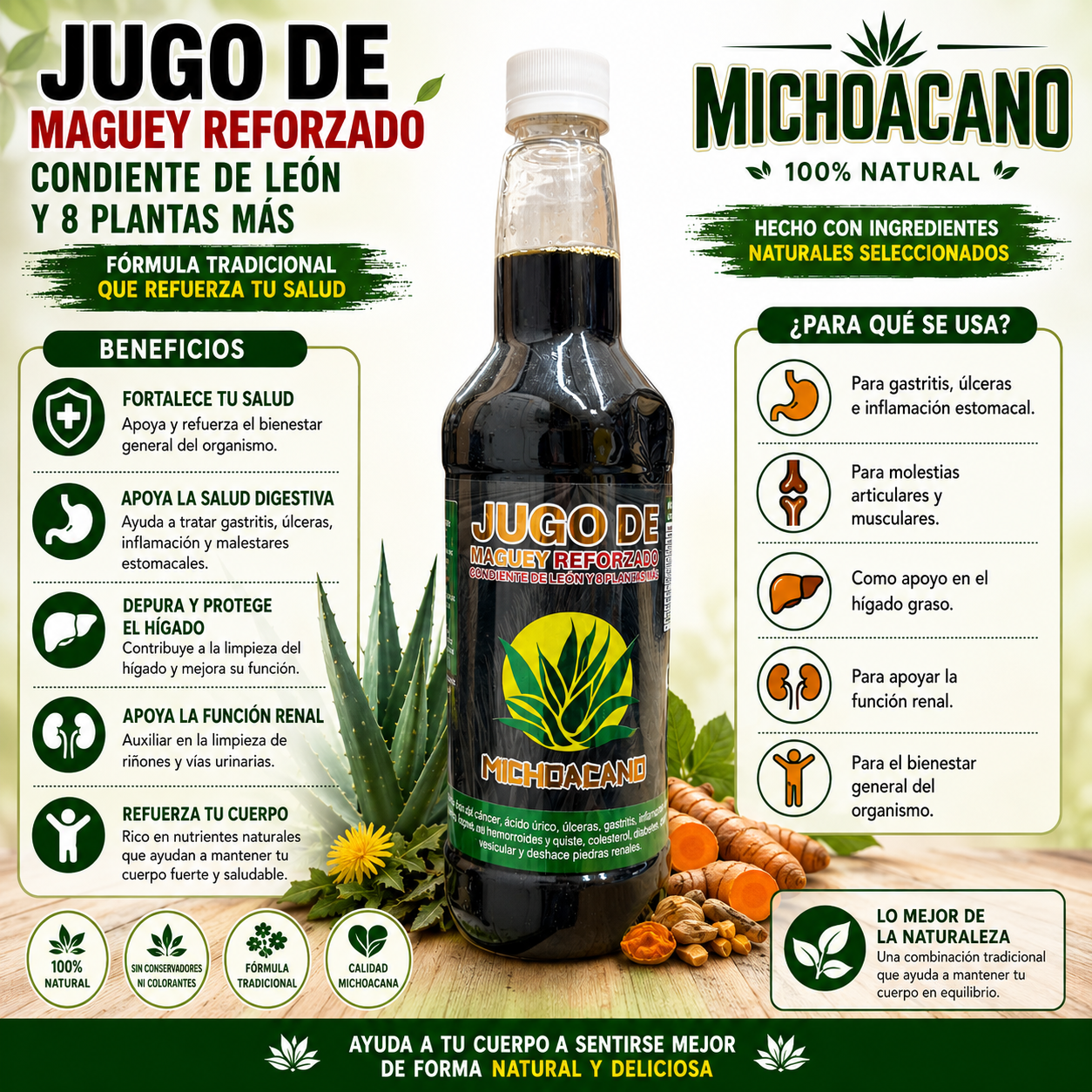 Maguey juice - Jugo de Maguey Reforzado con Diente de Leon y 8 plantas más