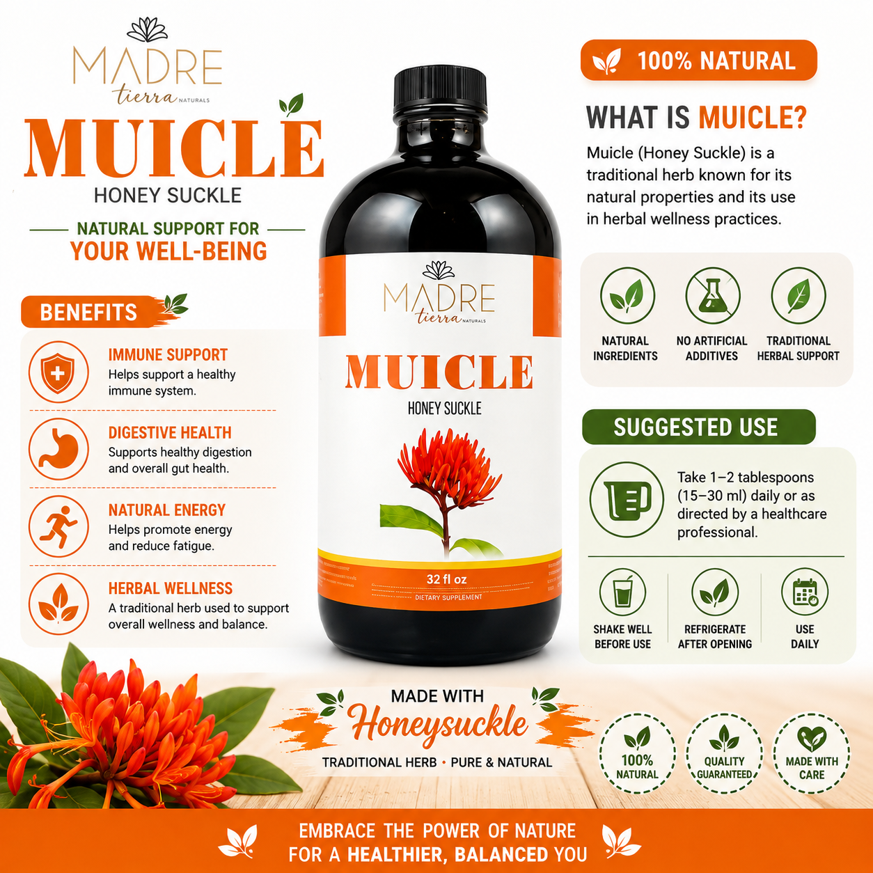 Madre Tierra Muicle Tónico | Honey Suckle Liquid Supplement (32fl oz)