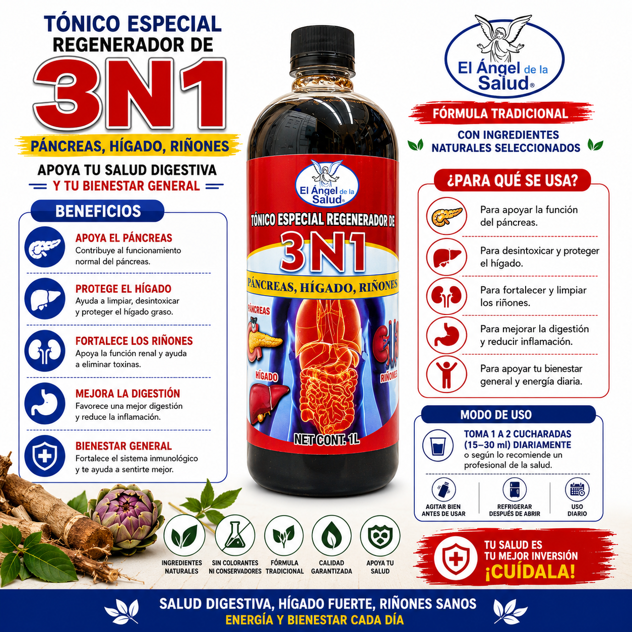 3-in-1 Liquid Supplement for Liver, Kidney, and Pancreas Support (Tónico Especial Páncreas + Hígado + Riñones) | 1L Healthcare Edible