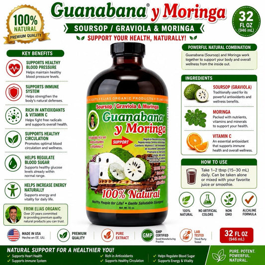 Elias Soursop (Guanábana) & Moringa 100% Natural Healthcare Liquid Supplement Tónico, 32oz Dietary Herbal Nutritional Supplement Fitness Edible