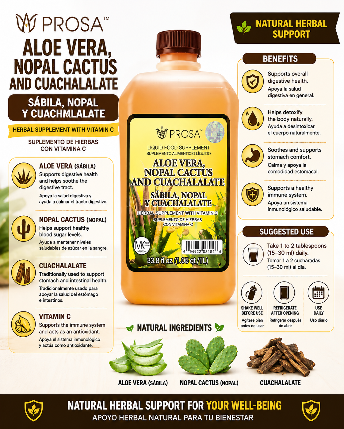 PROSA Aloe Vera, Nopal & Cuachalalate Herbal Liquid Supplement 33.fl oz Natural Wellness Boost Healthcare