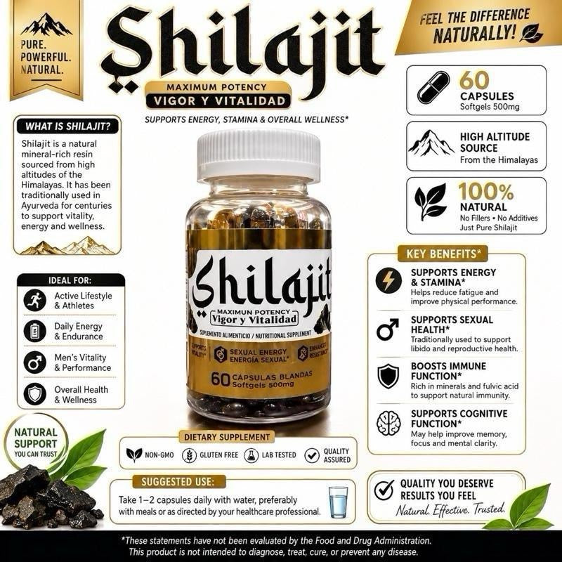 Shilajit Herbal Supplement Softgels, 60-Count, for Healthcare Support
