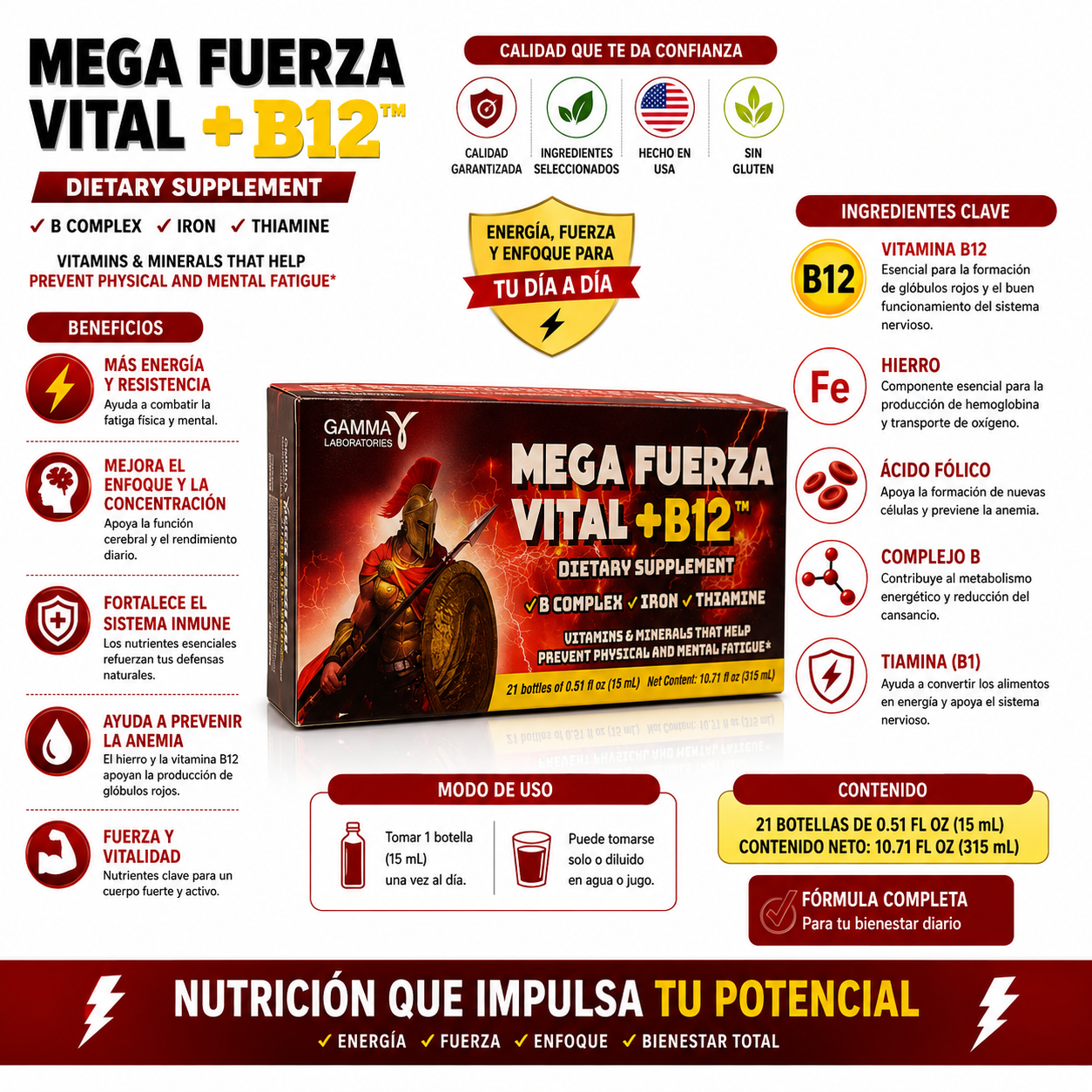 Mega Fuerza Vital+B12 Liquid Supplement Nutrient-Rich Complex Vitamin Dietary Health (21 Bottles 315mL)