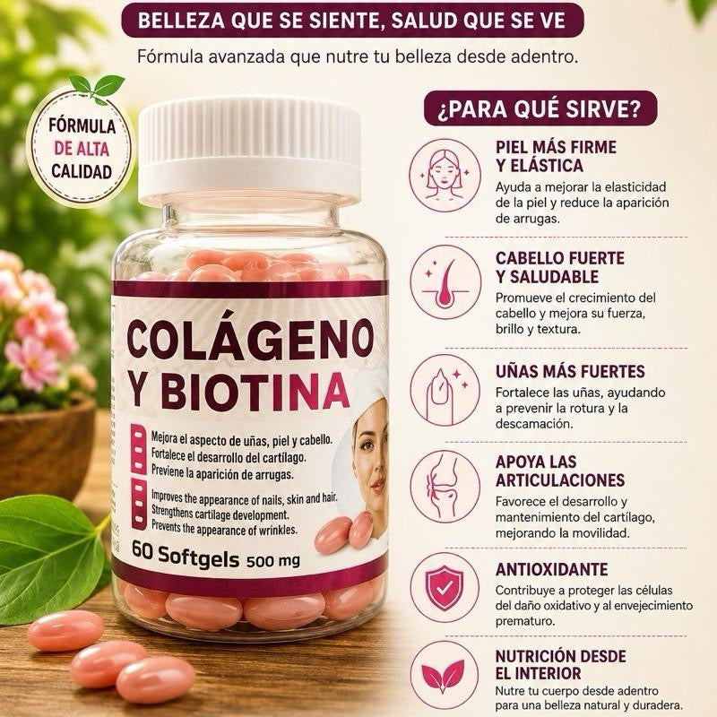 Collagen & Biotin- Colageno y Biotina | Dietary Supplement, 500mg, 60 Softgels