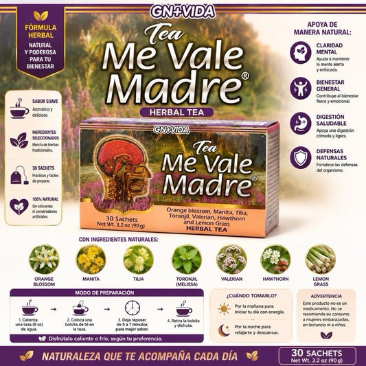 GN+VIDA Me Vale Madre Herbal Tea 30 Sachets with Orange Blossom Manita Tilia Toronjil Valerian Hawthorn and Lemon Grass 3.2 oz