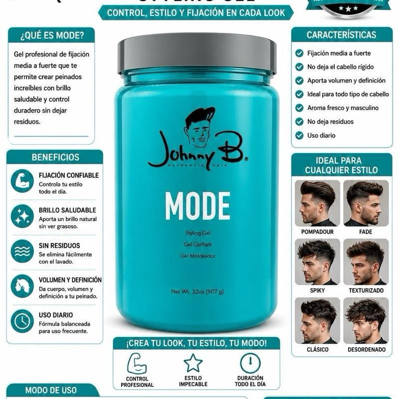 Johnny B Mode Styling Gel - Long-Lasting Wear, No Flaking, (32oz)
