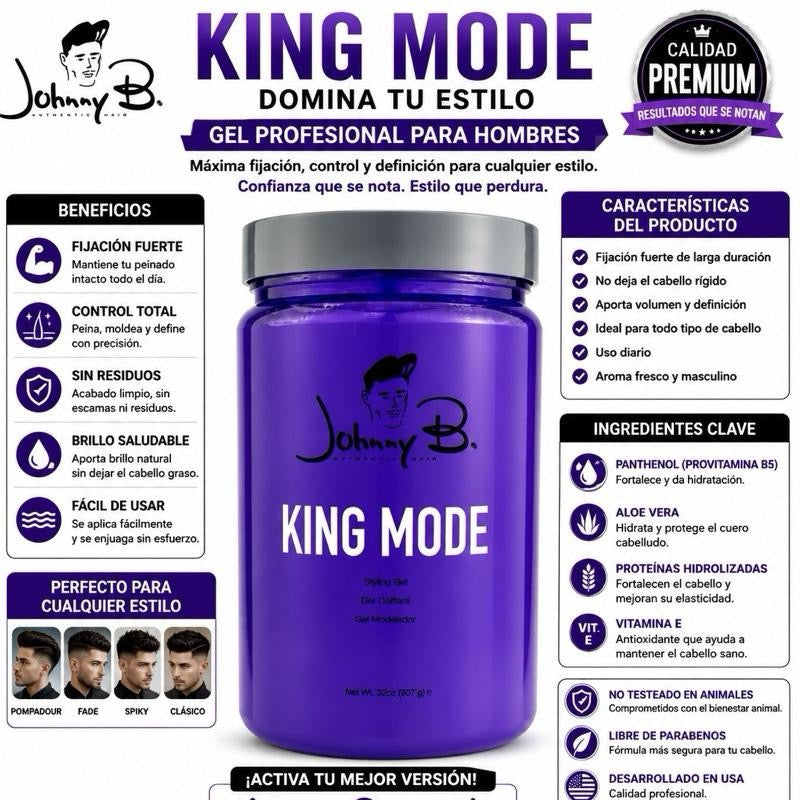 Johnny B King Mode Styling Gel - Long-Lasting Wear, No Flaking, Masculine Suede & Citrus Scent (32oz)