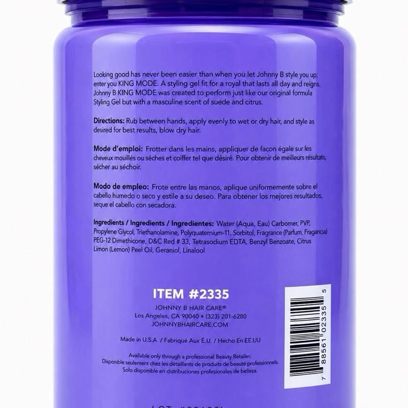 Johnny B King Mode Styling Gel - Long-Lasting Wear, No Flaking, Masculine Suede & Citrus Scent (32oz)