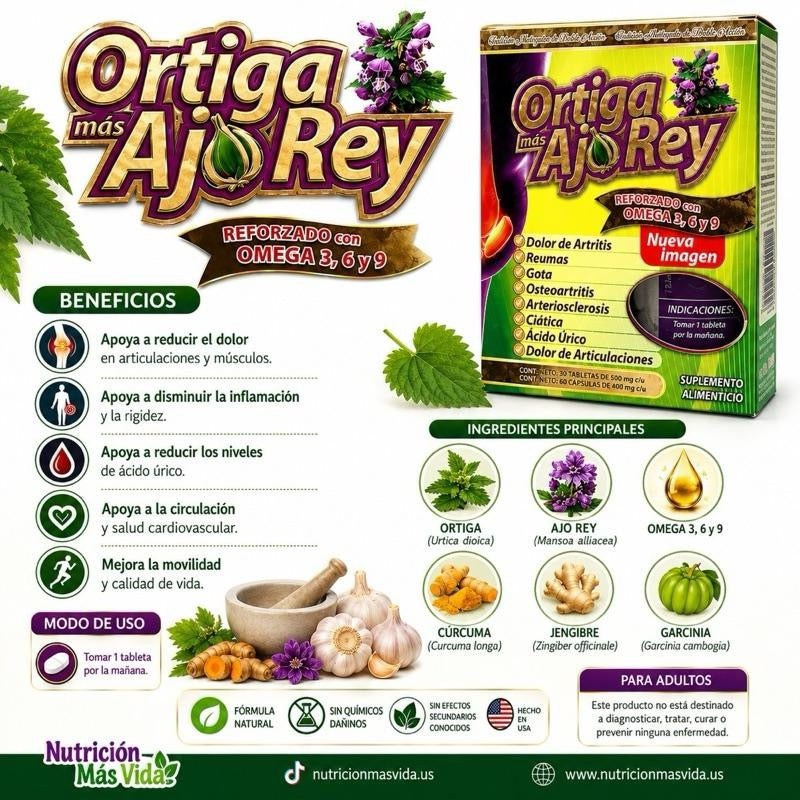 Ortiga más Ajo Rey - Omega 3 & 6 - 36 Tablets - 500 mg - for Arthritis Pain, Rheumatism, Gout, Osteoarthritis, n