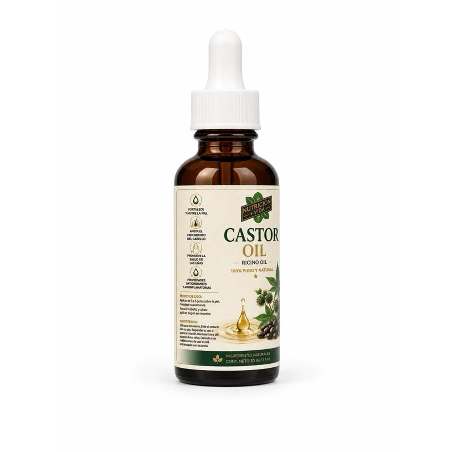 Nutricion+Vida Castor Oil 30ml - 100% Pure Natural Ricino Oil for Health & Wellness