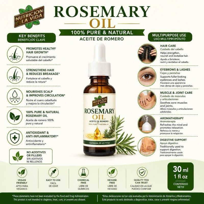 Nutricion+Vida Rosemary Oil 30 ml 100% Pure Natural Essential Oil for Hair and Skin Care