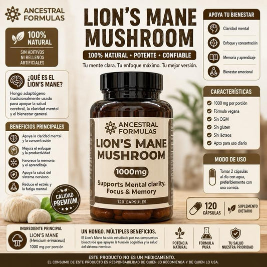 Ancestral Formulas Lion's Mane Mushroom 1000mg - 120 Capsules for Mental Clarity Focus & Memory Support Healthcare Natural