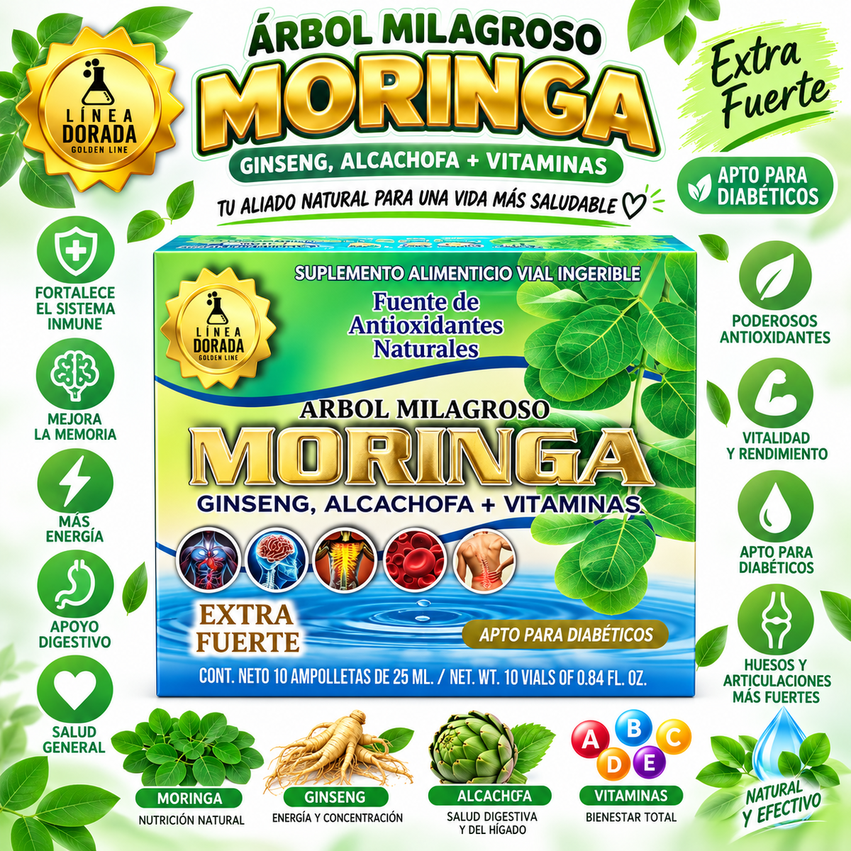 Moringa + Ginseng + Artichoke + Vitamins – Herbal Dietary Supplement for Daily Wellness, Energy and Nutritional Support