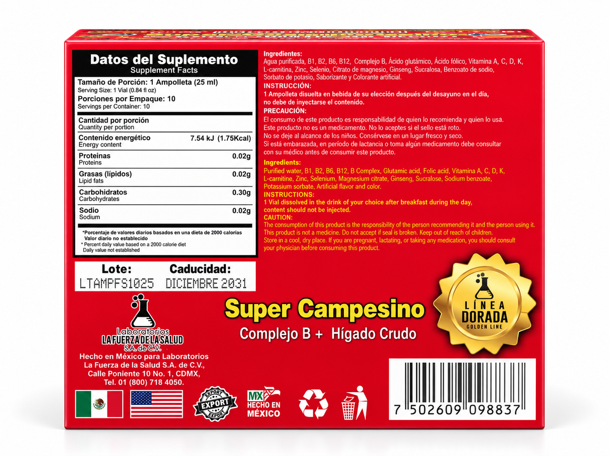 Súper Campesino 2-in-1 Complejo B + Hígado Crudo – Dietary Supplement with B-Complex Vitamins and Raw Liver, Daily Nutritional Support for Adults