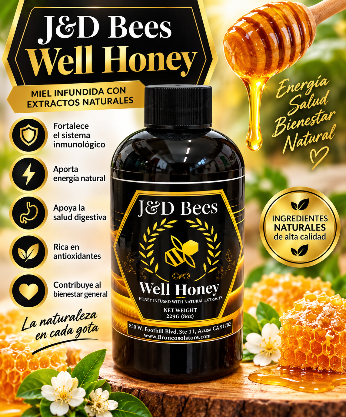 J&D Bees Well Honey – Miel infusionada con extractos naturales, 8 oz