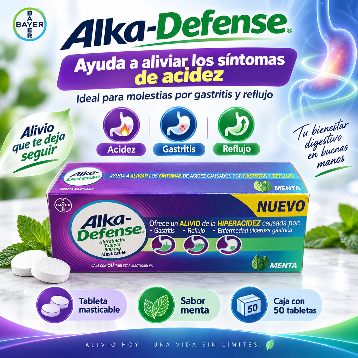 Alka-Defense Hidrotalcita 500 mg – Tabletas Masticables Sabor Menta, 50 table