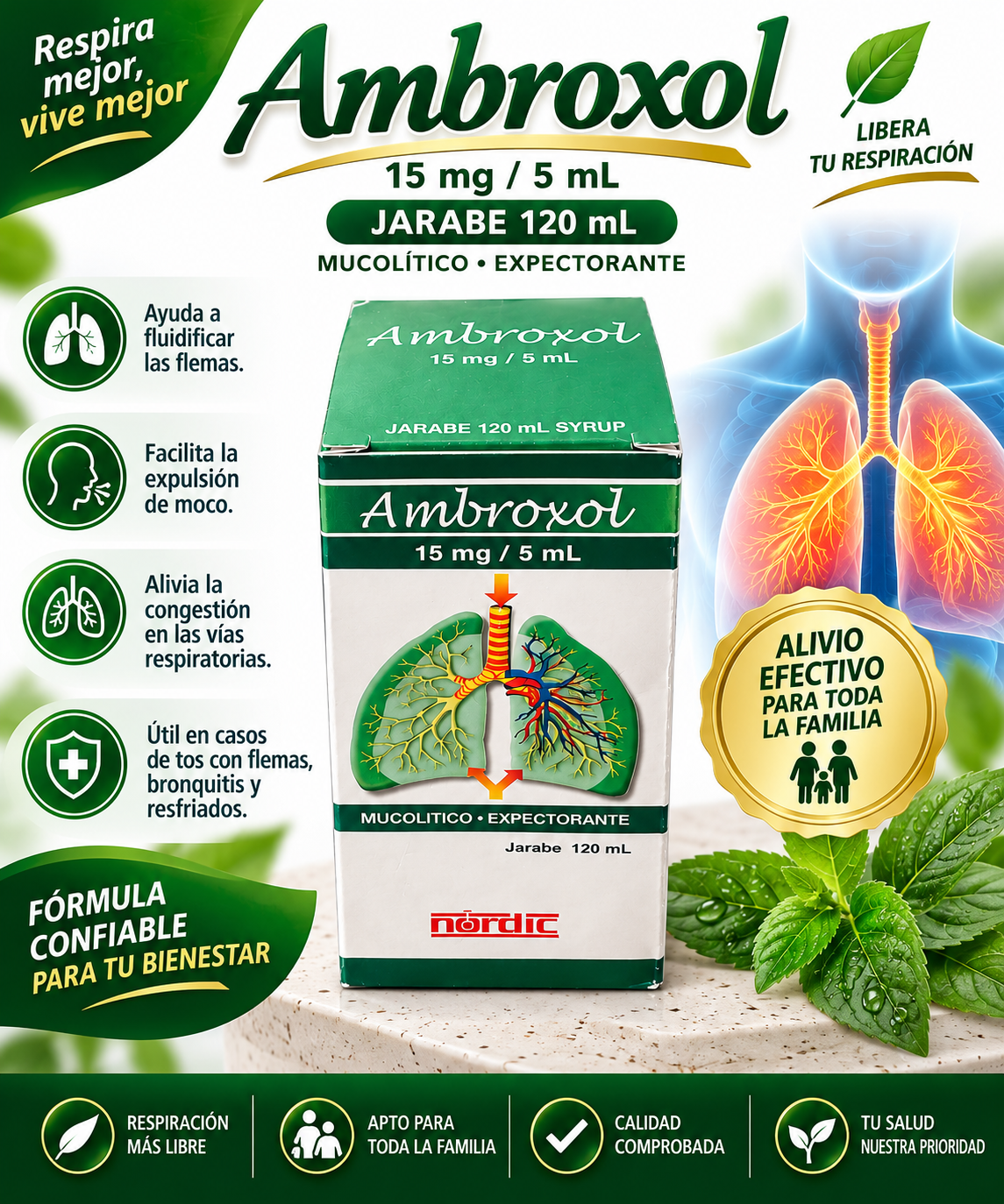 Ambroxol Jarabe 15 mg / 5 mL – 120 mL | Mucolítico y Expectorante